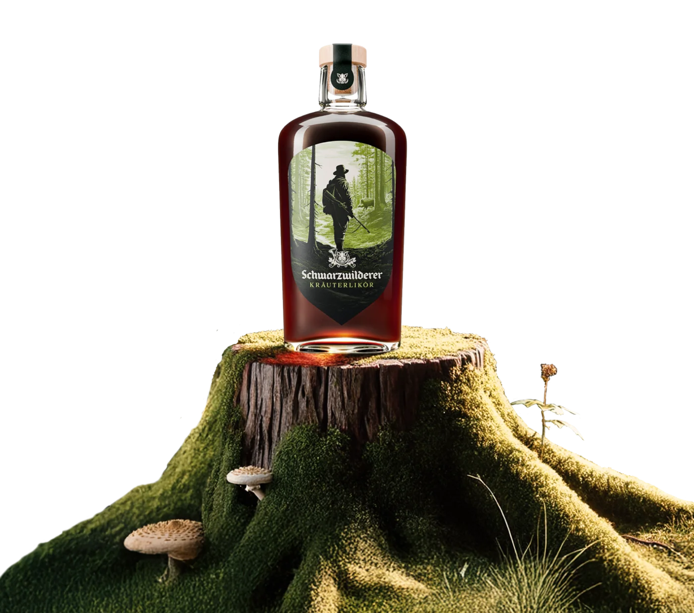Flasche Schwarzwilderer Kräuterlikör auf einem bemoosten Baumstumpf mit Pilzen